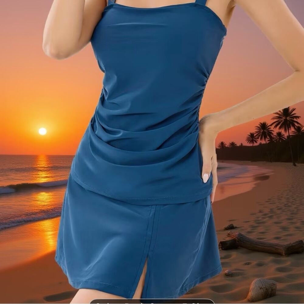 Blue Ruched Tummy Control Swim Dress Set